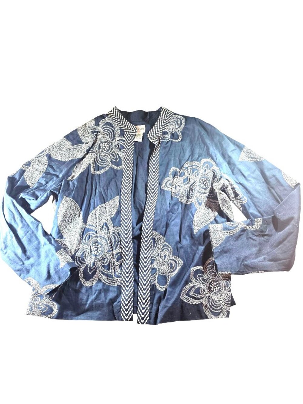 Chicos Shacket blazer blue white Embroidered Floral Large nautical cottagecore